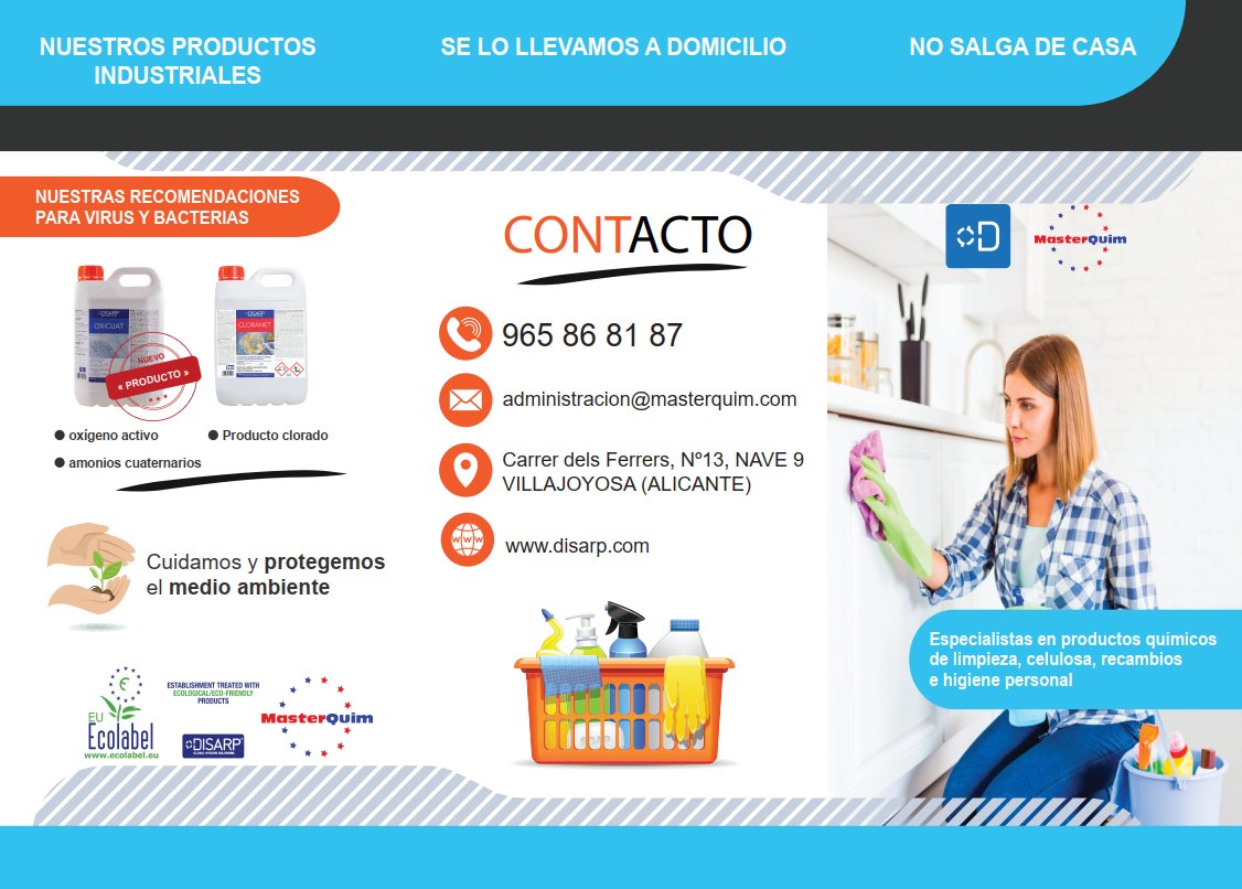 masterquim's tweet image. Esta lucha contra el virus nos incluye a todos y cada uno de nosotros. Es por eso que ponemos a vuestra disposición nuestra gama de productos para el Reparto a domicilio
disarp.com
#disarp #covid19 #quimicoslimpieza #lavanderia #ecolabel #medioambiente