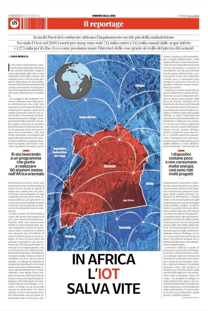 marcozennaro's tweet image. Great to be featured on Corriere Innovazione today in an article by @Vagabondamente . Thanks @ictpnews and @nsrcworld for supporting the #IoT workshop in Uganda at @MakerereU ! #iot4d