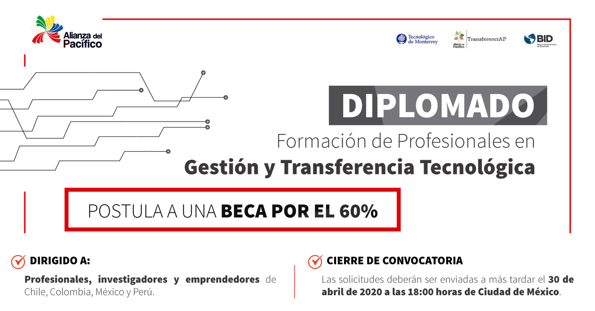 A_delPacifico's tweet photo. ✅ Buscamos fortalecer las capacidades de los gestores de transferencia tecnológica de los sectores público y privado. Si eres profesional, emprendedor o investigador de 🇨🇱🇨🇴🇲🇽🇵🇪 postula al 60% de una beca para estudiar este diplomado online. 👉 https://t.co/1RN71uUl2H https://t.co/60SnWgjY5a