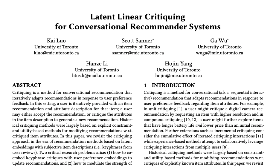 erishabh's tweet image. Final talk by @scottsanner on &quot;Latent Linear Critiquing
for Conversational Recommender Systems&quot;

- co-embed item critiques with user preference
- multi-step critiquing feedback
- a linear program (LP) based optimization problem

ssanner.github.io/papers/www20_l…

#TheWebConf2020