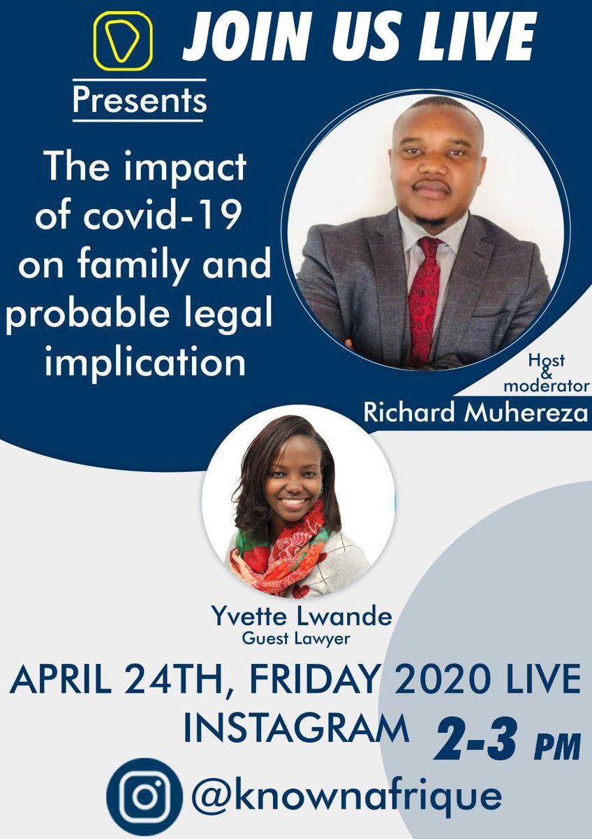 Knownafrique's tweet photo. Join us live this Friday 24th April, 2020 @2-3pm
We look forward to have you.
RSVP info.@knonwafrique.com or #HAKIAPP https://t.co/0PgJW2PRj3!
#HAKI  #law  #covid-19  #corona  # Attorney #guestlawyer #instalive #lawyer #wemakelawknown.
KnownAfrique https://t.co/ISHMXTKxvN