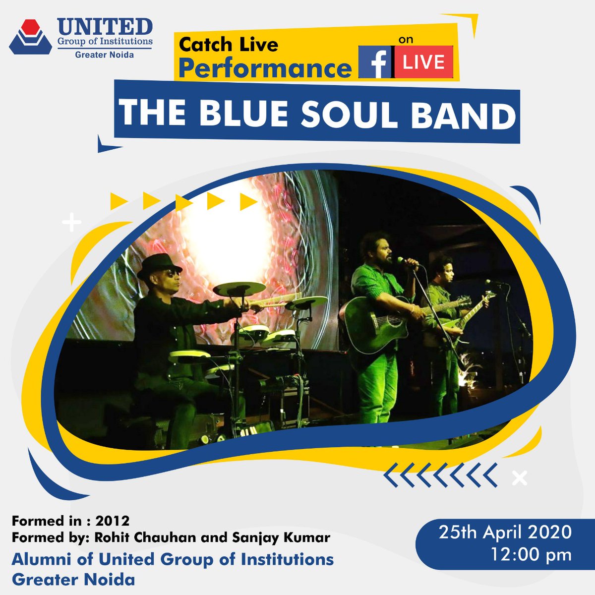 UnitedNoida's tweet photo. The Blue Soul Band!!
Catch Live Performance on Our Facebook Live!!
Date/Time: 25th April 2020, 12:00 PM
Formed In 2012
Formed By: Rohit Chauhan & Sanjay Kumar
Alumni Of United Group Of Institutions Greater Noida
#UCEAlumni #UCE #BlueSoulBand #FBLive #LivePerformance #Music https://t.co/4D7A65RwWH