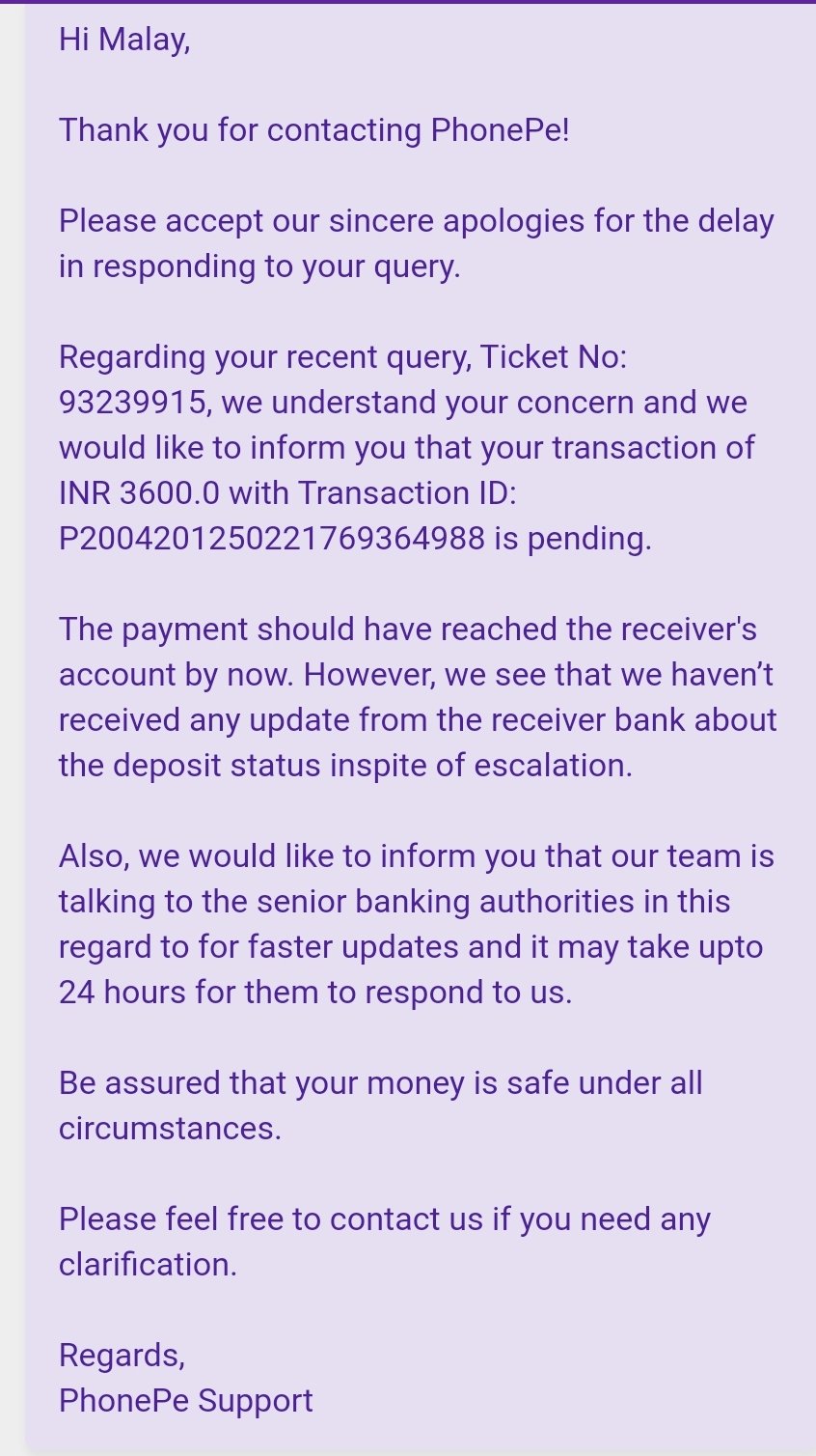 Phonepesupport On Twitter Malaykudutta Hi Malay We Got This Checked And As Per The Update We Received The Receiver Bank Has Successfully Processed Your Money Transfer And The Amount Is Credited To
