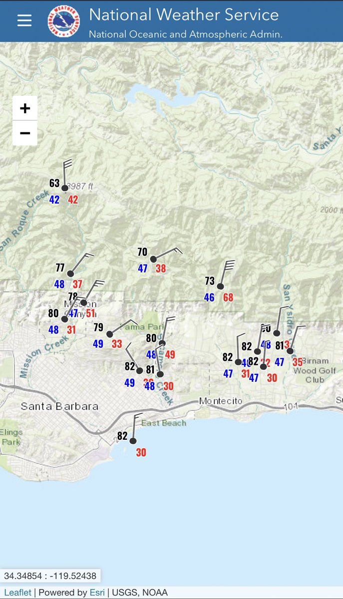 805Weather's tweet photo. 10PM &amp; still 80°F+ along the Santa Ynez Front Range thanks to the current #SundownWinds... However notice the temperatures in the higher elevations! An impressive temperature gradient in under a 5 mile radius! #CAwx #CAwind #SoCalWind #SoCalHeat 🌬🌡 @NWSLosAngeles https://t.co/38JtkFolQa