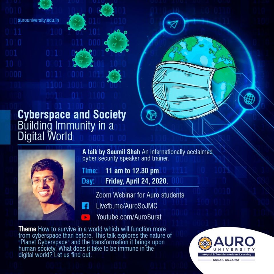 NSConclave's tweet photo. The @therealsaumil will be presenting "Cyberspace &amp; Society: Building Immunity in a Digital World" at #AuroUniversity today at 11:00 AM onwards.
Register Now:-https://t.co/s76SyYAA0y
Catch the live streaming on
FB:-www.facebook.com/AuroSoJMC
YouTube:-www.youtube.com/AuroSurat https://t.co/sxzrkBLP4U