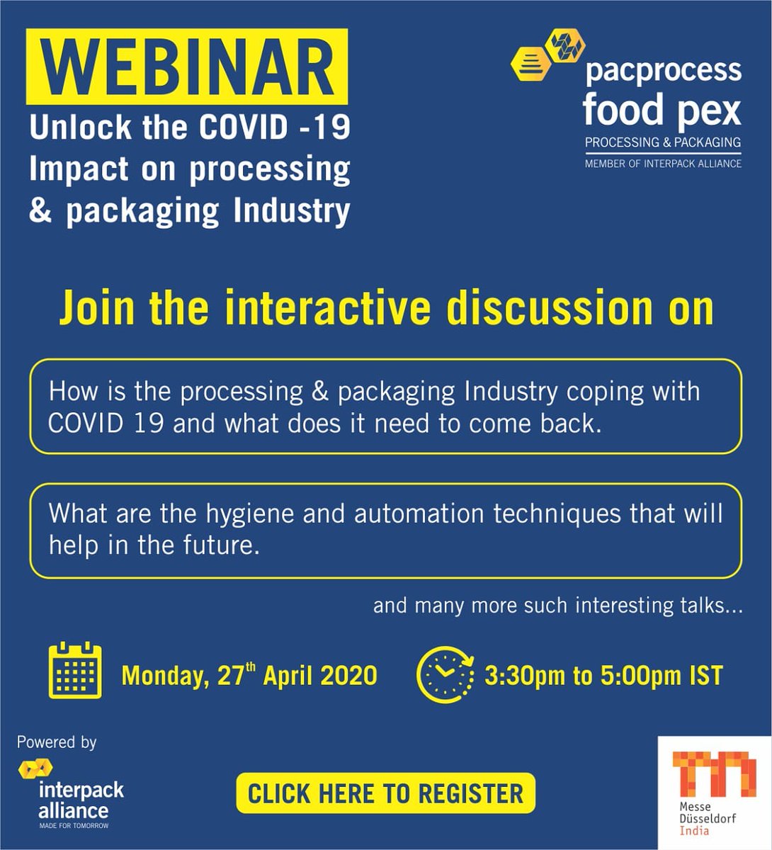 #webinar : join the interactive discussion

Register Now: us02web.zoom.us/meeting/regist…

Schedule: #27th_April_2020 from 03:30 PM onwards

#processing  #packaging  #covid19