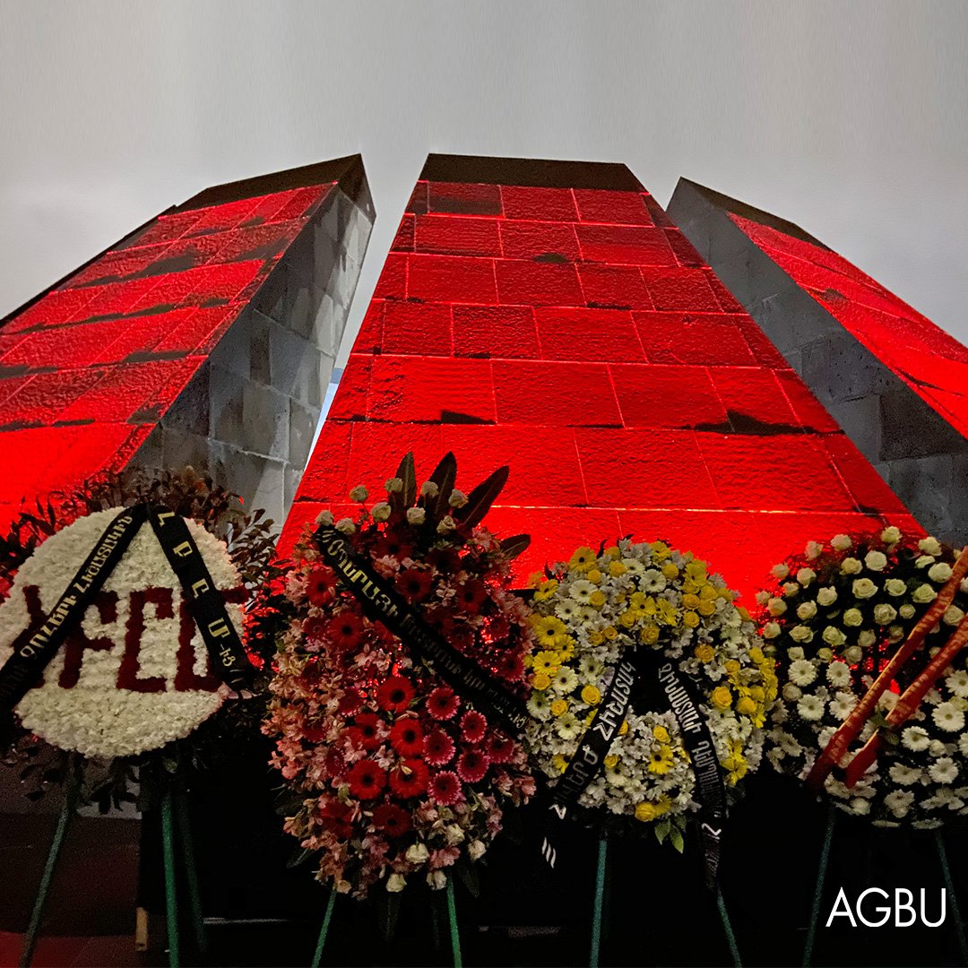 AGBUarmenia's tweet photo. 🇦🇲 Given cancellation of traditional public commemoration events for the #ArmenianGenocide Remembrance Day, AGBU Armenia representatives laid a wreath at the Memorial late last night to honor the victims of the Armenian Genocide.
#WeRemember&Demand #NeverAgain #105YearsofDenial https://t.co/gLq1YfC7zF