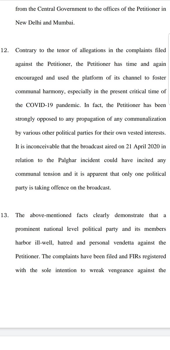 Arnab has submitted before Supreme Court that contrary to the allegations against him, he is strongly opposed to communal politics and has used the platform of Republic TV to foster communal harmony.