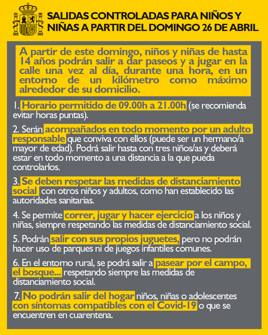AreaSeguridadCS's tweet photo. A partir de este domingo 26 de abril los niños y niñas de hasta 14 años podrán salir a dar paseos y a jugar en la calle una vez al día, durante una hora, en un entorno máximo de un kilómetro alrededor de su domicilio. 
Fuente: @sanidadgob #COVID19 https://t.co/XUvJn8B6wS