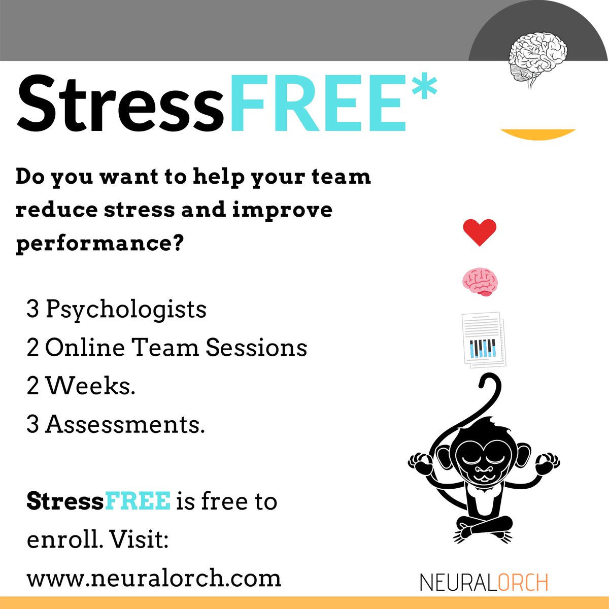 NeuralOrch's tweet photo. StressFREE is designed to help organizations achieve best work-life balance for their teams. We help you Assess, Plan and Execute strategies to improve your team's mental health and productivity.

#Mentalhealth #CorporateWelfare #HumanResources #stressfree https://t.co/eMUPUoF73q