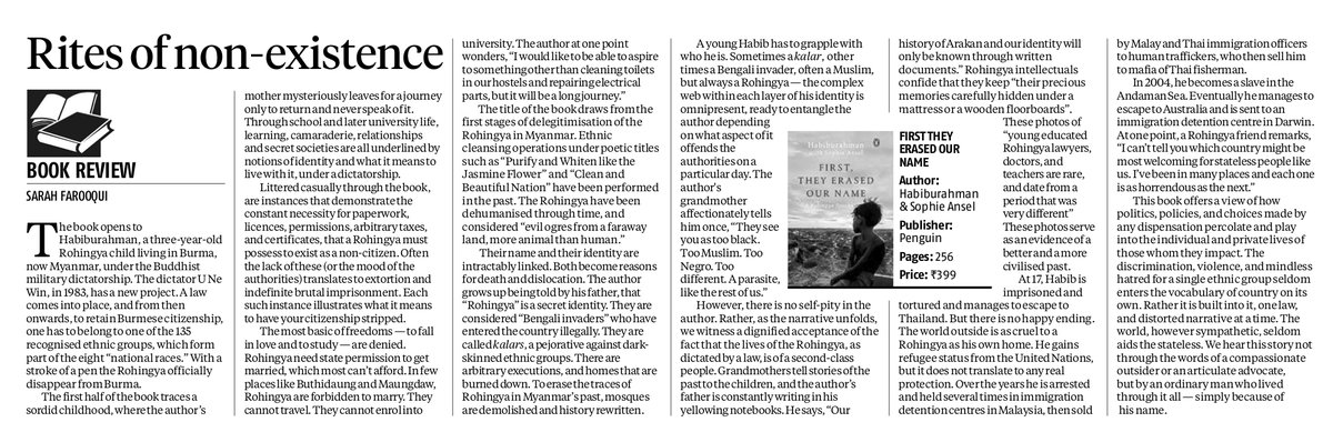 I review Habiburahman and Sophie Ansel's "First They Erased Our Name" on the life of the Rohingya in Myanmar. 

business-standard.com/article/beyond…