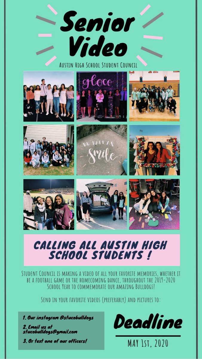 If you have any photos or videos you would like to send in for the senior video, please do so by May 1st!!