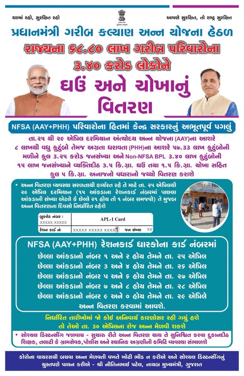 પ્રધાનમંત્રીશ્રી ગરીબ કલ્યાણ અન્ન યોજના હેઠળ તા.25 થી 29 એપ્રિલ દરમ્યાન રાજ્યના 68.80 લાખ ગરીબ પરિવારોના 3.40 કરોડ લોકોને વ્યક્તિદીઠ 3.5 કિ.ગ્રા. ઘઉં અને 1.5 કિ.ગ્રા.ચોખા સહિત કુલ 5 કિ.ગ્રા.વધારાના અનાજનું વિતરણ કરવામાં આવશે.<a href="/CMOGuj/">CMO Gujarat</a> <a href="/ijayeshradadiya/">Jayesh Radadiya</a>