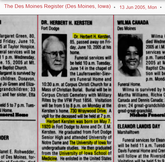 The address would lead to Fort Dodge Iowa home of Robert Merryman, the man that the publishing company confirms had "Common Sense Renewed" printed&Dr. Herbert Hinie Kersten, the man who lived at 730 Wraywood Drive, born in 1920, making him 78, the age RC said he was in 1998