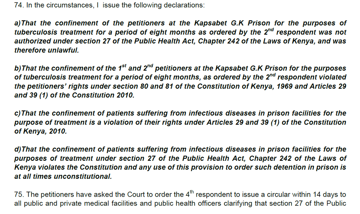 2. It took a court intervention ( https://bit.ly/3azL2sS ) by  @KELINKenya & three gentlemen one deceased to challenge this practice in this case the court ruled that prions is not the contemplated place of isolation  #TBIsNotACrime  #justice2health  @DrMercyKorir  @LucicaDitiu