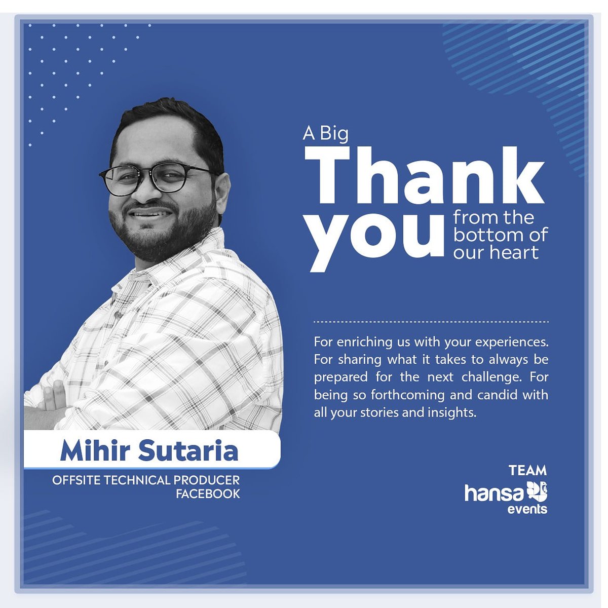 HansaEvents's tweet photo. Thank you Mihir Sutaria(@MIHIRSUTARIA) for setting us on the path to continually think what's next, for sharing snippets from your journey and inspiring us with your practices.

#HansaEvents #MasterClass #LearnUnlearn #Facebook #FutureReady https://t.co/RAhGxdNM7Q