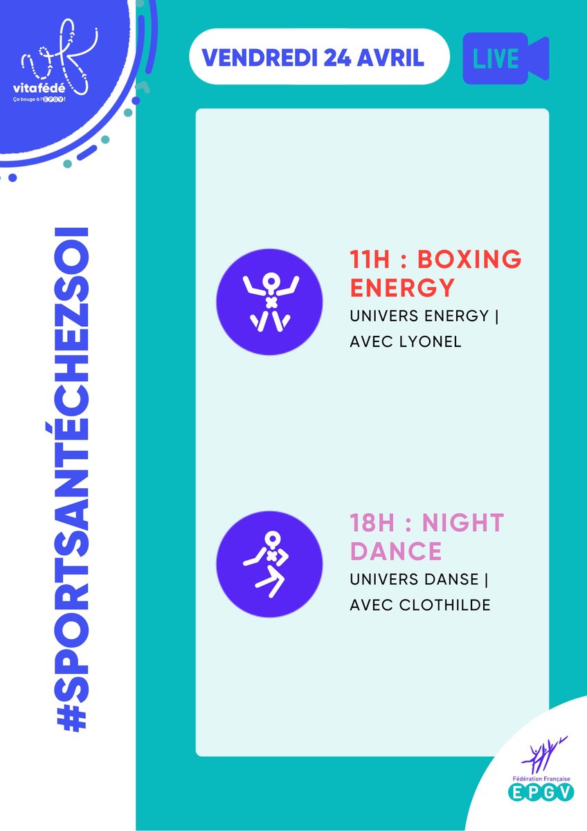 [Vos 2 SÉANCES #SPORTSANTÉ en LIVE du jour 🔥]

❤️ 11h - #BOXING ENERGY

💝 18h - NIGHT #DANCE 

- - - #BougezChezVous #RestezChezVous #Vitafédé - - -

Prêts à clore cette 3ème semaine de LIVE en beauté ?!

🔛RV dans votre groupe spécial séances en LIVE 👉bit.ly/groupe-faceboo…