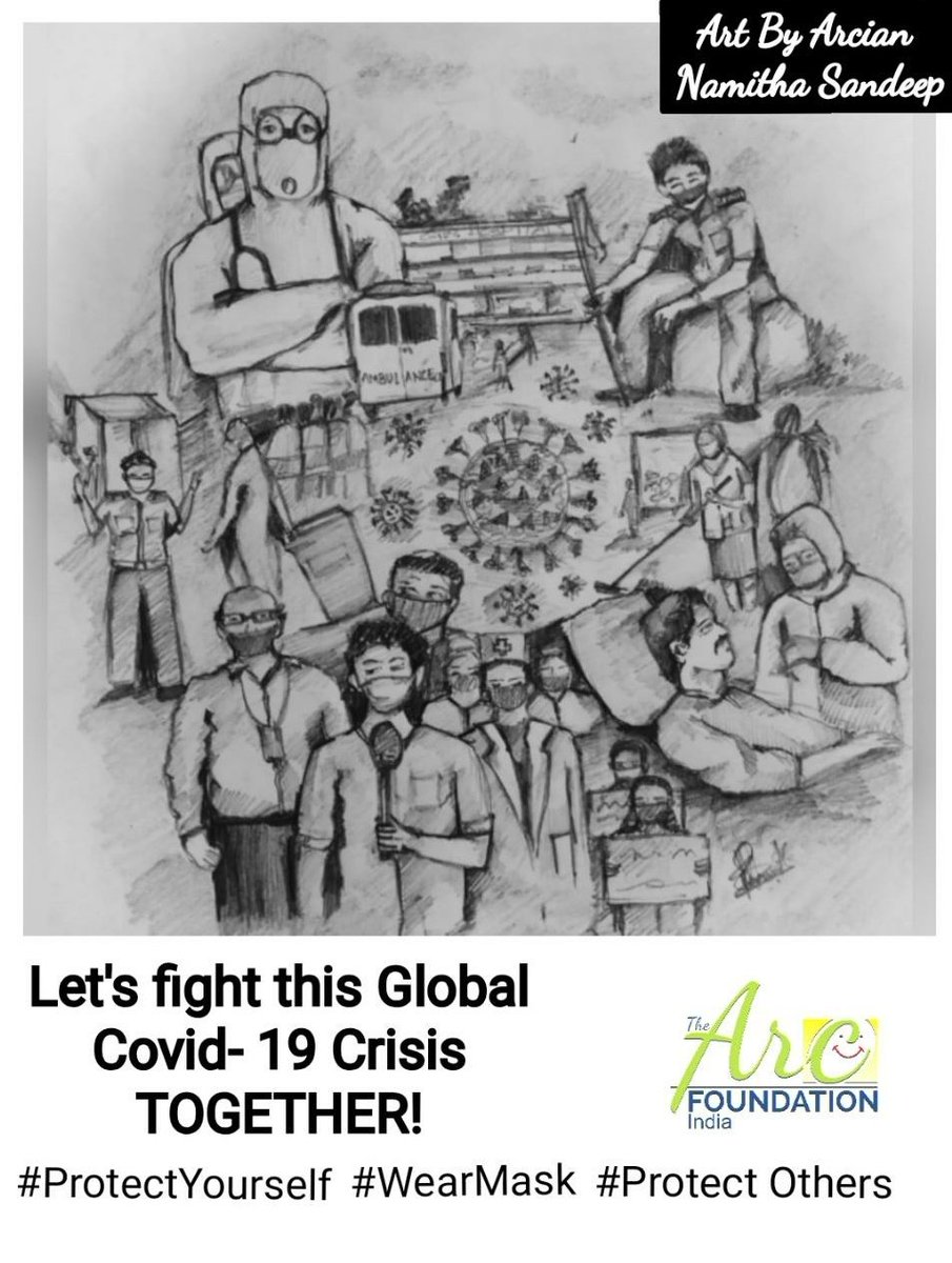 AparnaAravind7's tweet photo. This Global Corona Virus is OUR FIGHT!!!!We Salute to the Frontline Heros of Battle Covid 19.
Creative Art by our Arcian Namitha Sandeep, who has wonderfully potraited Covid Crisis through form of an ART!!
#TheArcFoundationIndia #Covid19Crisis #ArcFoundation #NGO #NGOIndia https://t.co/xJ0WfG29VL