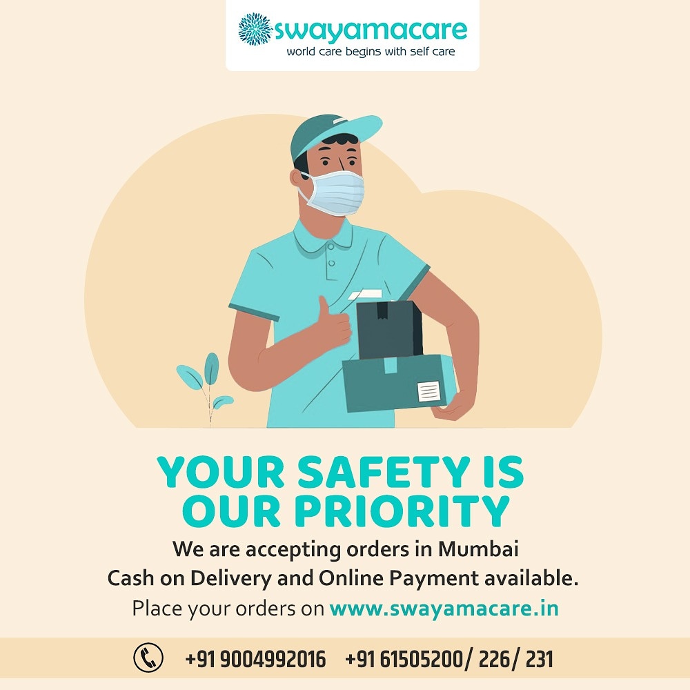 Swayamacare's tweet image. We are now accepting orders in Mumbai. Place your orders on swayamacare.in and we will ensure our products reach you safely because your Safety comes first. Order now. Cash on Delivery and Online Payment available.
.
.
#wearelive #openforbusiness #acceptingorders