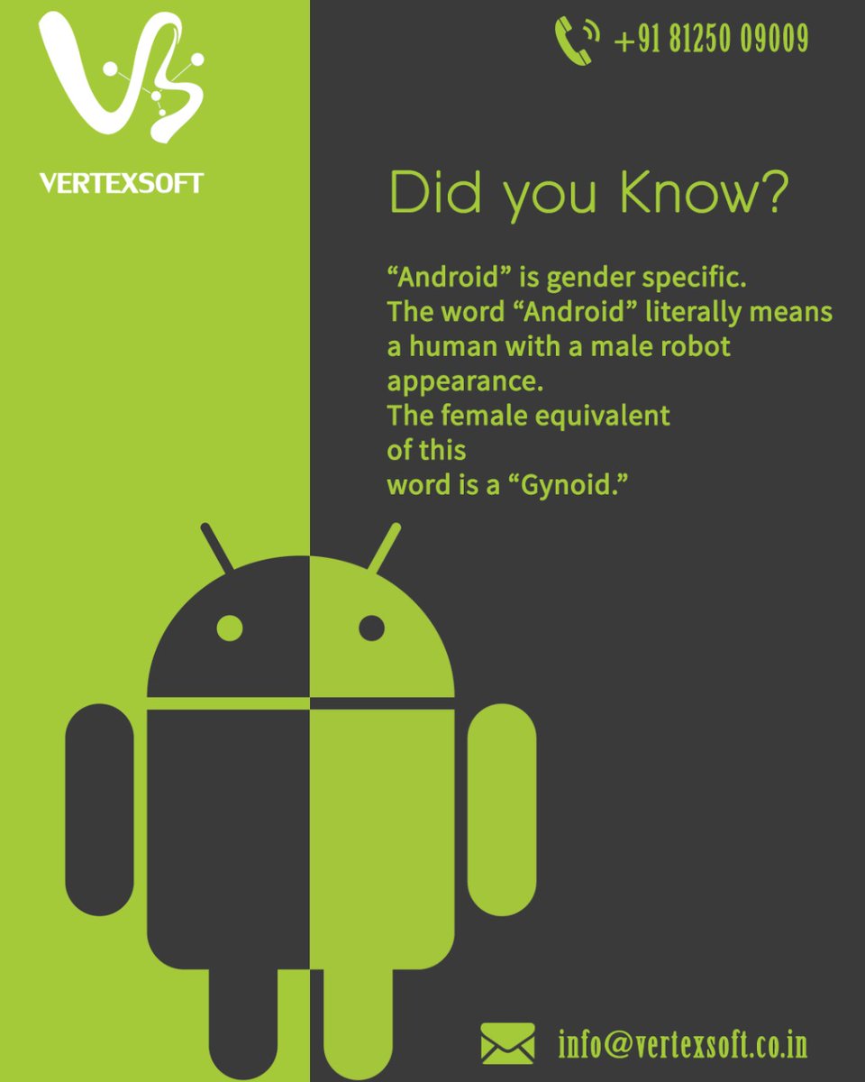 Vertexsoft_vs's tweet photo. Android fact
#didyouknowfacts #androidinstagram #malerobot #gynoid #technologytrends #amazingfacts #vertexsoft #instafacts #andriodfacts #generalknowledge #truefacts #theuntoldfact #didyouknowdaily #interestingfacts #factopedia #wonderfulfacts #knowledgeispower📚 #dailyfacts https://t.co/J0eQxuWK8r