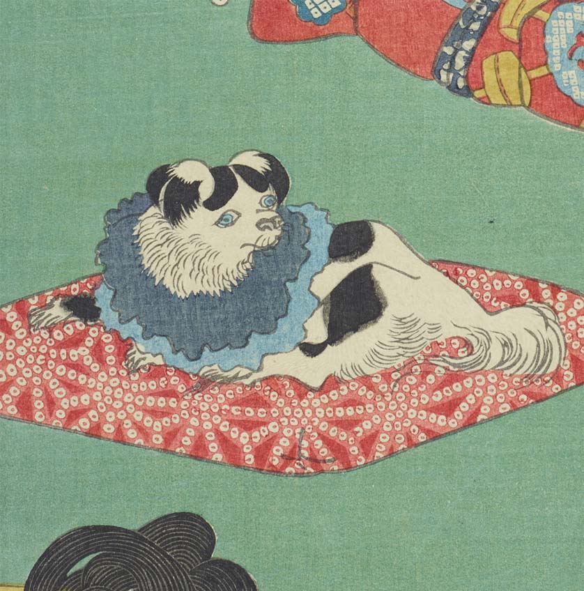 ট ইট র 太田記念美術館 Ota Memorial Museum Of Art かわいい犬の浮世絵をご紹介 歌川国芳の 御奥の弾初 です 大奥の女性たちが箏の演奏に耳を傾けていますが 綺麗な座布団の特等席に 狆 ちん がちょこんと座っています ペットとして大事に飼われてい