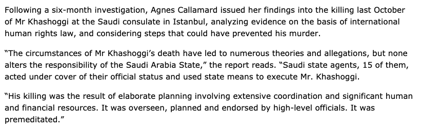 5/ UN Expert on Extrajudicial Executions  @AgnesCallamard spent 6 months investigating  #Khashoggi killing and wrote a 100-page report. PL should read this report and consult Ms Callamard on her damning findings  https://www.ohchr.org/EN/NewsEvents/Pages/DisplayNews.aspx?NewsID=24713