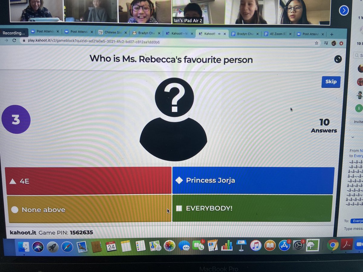 RebeccaTupling's tweet photo. After 5 months off on mat leave I have officially completed my first full week back at school and witnessed a fantastic #studentled #morningmeeting with the below question. #everybodywasthewinner #husbandisupsethedidntmakethecut #kahoot #cdnisls #cdnishk #onlinelearning https://t.co/8j5VdMZeWK