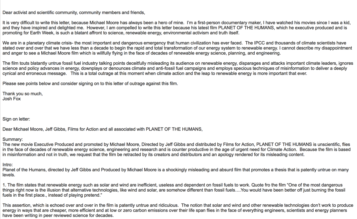 1) I just received notice that the distributor of Michael Moore's  #PlanetoftheHumans is taking the film down due to misinformation in the film.Thank you to  @FilmsForAction for responding to our demand for a retraction and an apology from  @mmflint.See below. And thank you to...