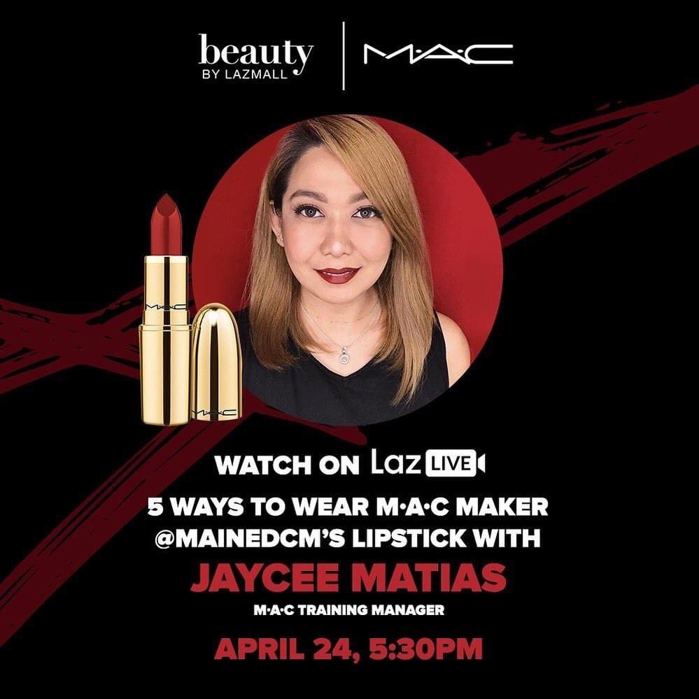 jennicamolina's tweet image. We&apos;re going live! Learn 5 different ways to use MAC Maker @mainedcm Lipstick with MAC Cosmetics Philippines&apos; training manager, @jayceexmac! Tune in at 5:30PM on Lazada Live this April 24 for simple and easy tips! #MACCosmeticsPH 

See you all later!!😘🖤 #MaineforMAC #MACMaker