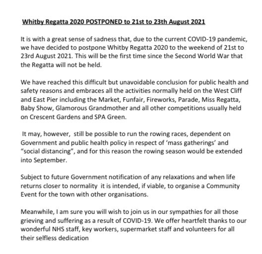 Pls RT - Sad news. Whitby Regatta is postponed.

Here’s a statement from the committee:

#whitby #regatta #yorkshire