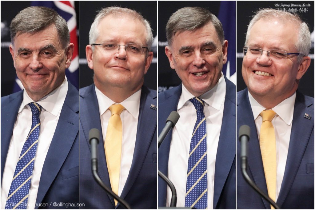 @marxdeane That's EXACTLY what I thought. We'll smile, giggle, ('nudge! nudge! wink! wink!'), but we won't come out and clearly, unambiguously denounce the President's dangerous medical advice. Photographer @ellinghausen captured the moment. #COVD19au #auspol