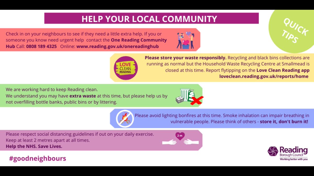 Advice from <a href="/ReadingCouncil/">Reading Borough Council</a> on ways to be #GoodNeighbors during the #COVID19 crisis. Use <a href="/OneRdgCommunity/">OneRdgCommunity</a> hub if you think a neighbour needs help, help <a href="/re3recycling/">re3 recycling</a> by using Love Clean Reading &amp; social distance when out to help our #NHSheroes at <a href="/RBNHSFT/">Royal Berkshire NHS Foundation Trust</a>