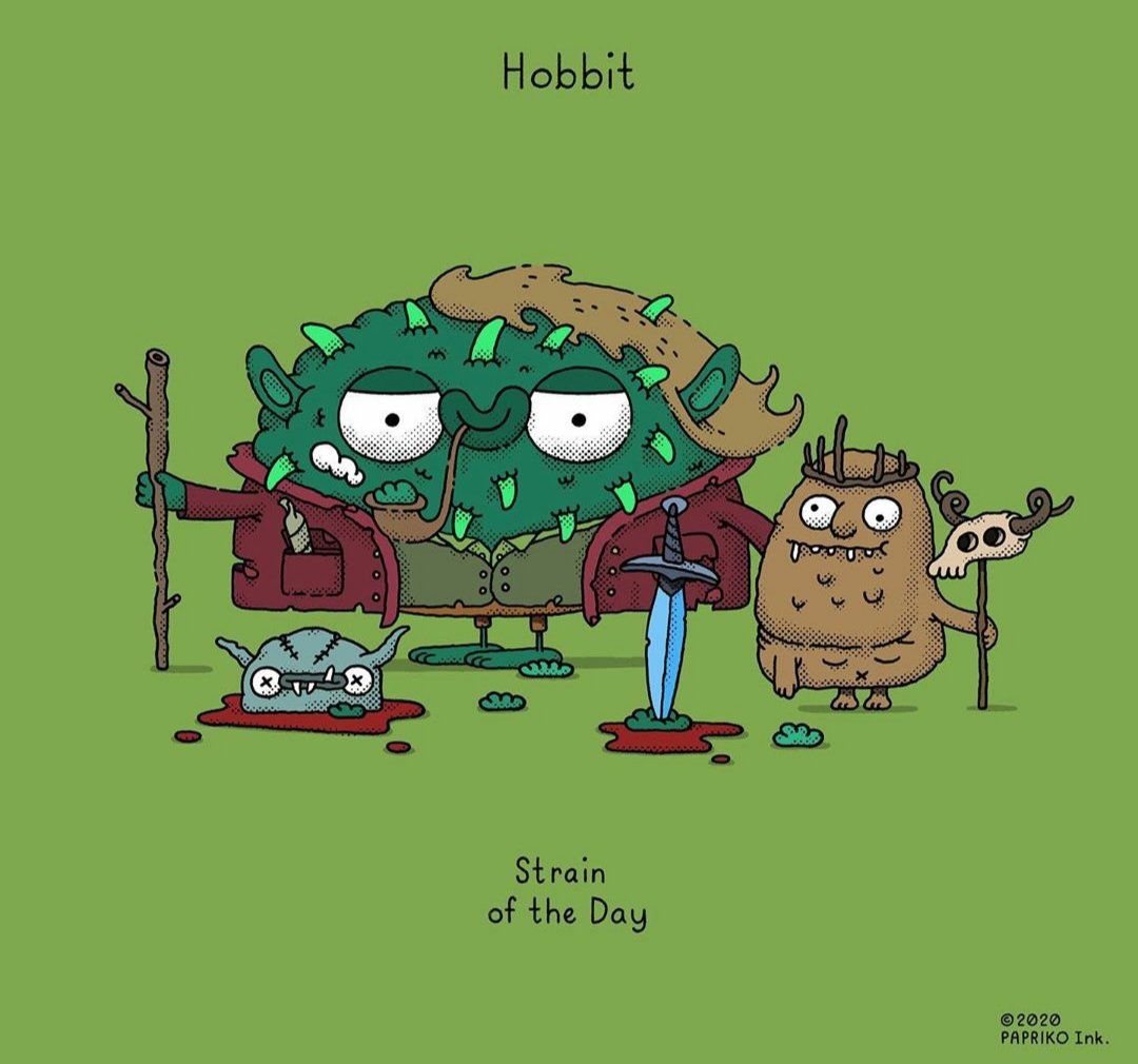 KannabiaGlobal's tweet photo. #GoodMorning with this nice design by PaprikoInk, a funny hommage of the "Hobbit", a classic @KannabiaSeeds strain 🧝‍♀️🧙‍♂️
Does anyone know what the real current name is, under which this strain was renamed by #Kannabia some years ago?! 

#cannabisculture #Hobbit #CannabisCommunity https://t.co/anCYzSZGzX