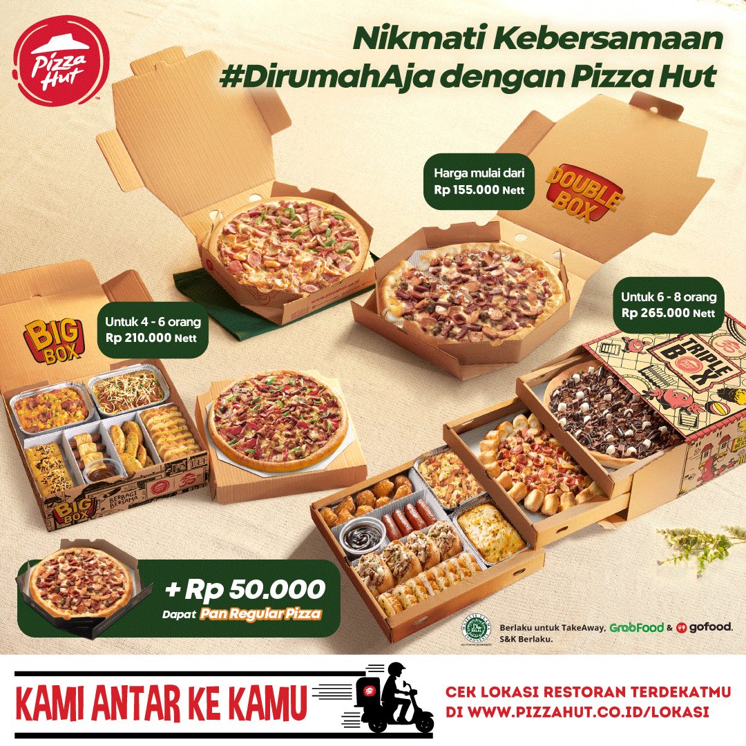 Pizza_HutID's tweet photo. Berbuka puasa #DirumahAja, LEBIH hemat dengan Double Box, Big Box, atau Triple Box dari Pizza Hut. Yuk pesan sekarang dan dapatkan tambahan Pan Regular Pizza hanya Rp50.000 aja.
Pesan TakeAway atau Delivery, klik link di bio untuk cek lokasinya ya.
#HutEasy #PHRKamiAntar https://t.co/Fva3J7pI55