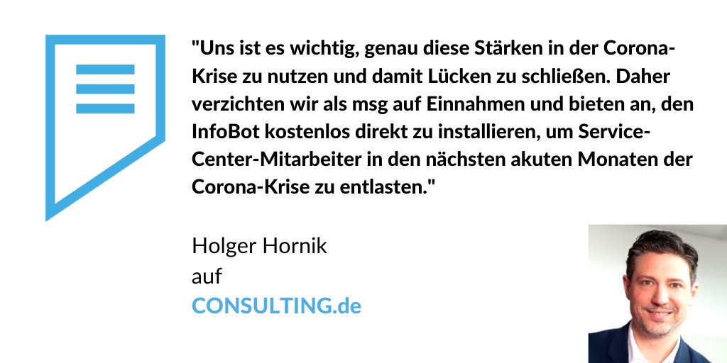 _consultingDE's tweet image. Die @msg_group hat einen #socialbot zu #COVID19 für überlastete Service-Hotlines entwickelt. Das Interview dazu mit Projektleiter Holger Hornik findet sich hier: consulting.de/nachrichten/al…