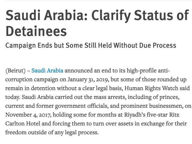 10/ In Feb 2019  @HRW accused MBS of a "shake down" of prominent Saudis, including princesses and businessmen a the Ritz Carlton.  @NYTBen reported how one detainee was tortured to death. MBS has vast power and influence over other Saudi nationals, including princes and businessmen