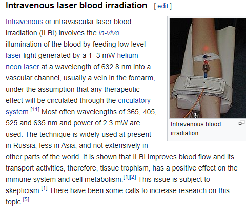 One Trump supporter has been RTing a partial screenshot of the Wikipedia page for blood irradiation therapy, although he's cropped out the sentence "This issue is subject to skepticism" following claims about benefit to the immune system.  https://en.wikipedia.org/wiki/Blood_irradiation_therapy