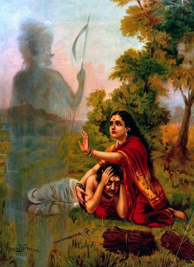 Look closely at Savitri as captured by Ravi Varma. She knows it is Yama. She knows that Satyavan's time has come. Kala himself is here to take him away. But see how her strong hand is raised to stop Him.