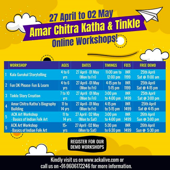 TinkleMagazine's tweet photo. Join us for some FREE Demos & check out our new batches for the upcoming week!
Read more here: https://t.co/JjDrNHxkfc
#AmarChitraKatha #tinklecomicsstudio #KalaGurukul #storytelling #artforkids #indianfolkart #creativewriting https://t.co/v2mwfSMmtH