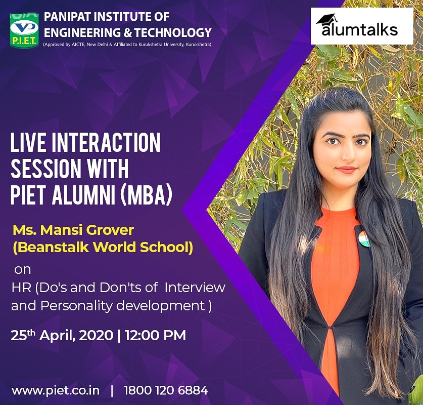 PIETPanipat's tweet image. Happiness is to learn from your Alumni.
Join in the upcoming Interaction session with Ms. Mansi Grover . The aim of this session is to boost students confidence, improvement in communication skills, and also involves interview etiquettes &amp;amp; manners.
#PIETAlumni #PIET #MBA