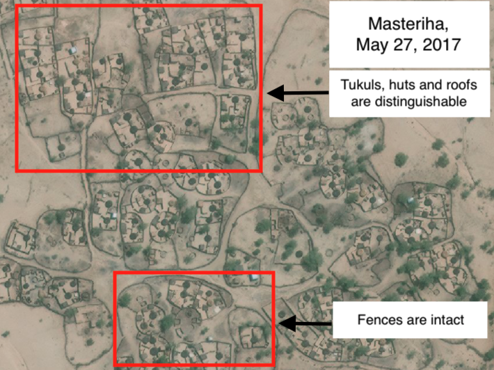 Footage that satellites recorded of Masteriha indicates multiple roofs and houses have disappeared following brutal attacks the Rapid Support militias launched in 2017. Civilians were killed, houses raided and torched, and many people fled the area, according to UN researchers.