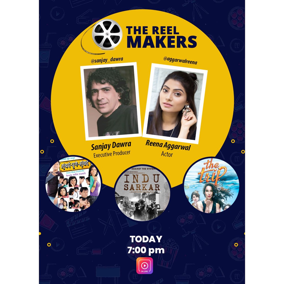 ReenaMeraNaaam's tweet photo. Epi 3 - 'The Reel Makers' with my Bestie aur Industry ka Favourite - Executive Producer -  @SANJAYDAWRA
Join us today on Insta Live  at 7PM for a fun and interesting gupshup ...
#thereelmakers #ReenaAggarwal #sanjaydawra #mumbaipunemumbai #indusarkar #thetrip #HappyBirthday https://t.co/hDDGDZVJFq