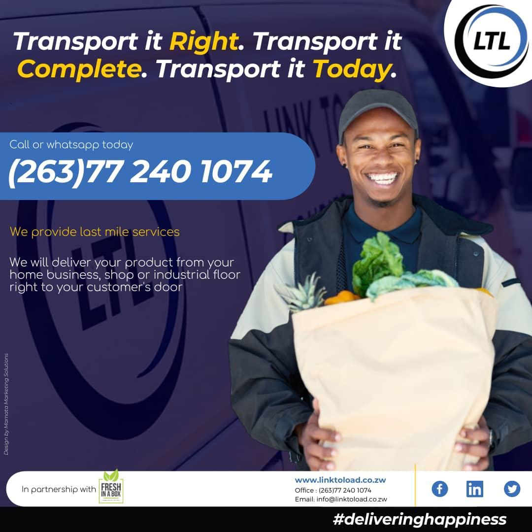 LINK2LOAD's tweet photo. Link to Load is a reliable door to door delivery service company. We take care of all your transportation needs. We safely deliver your products into your customers hands. Optimise your business by outsourcing your deliveries to us.
#LinkToLoad
#Harare
#DeliveringHappiness https://t.co/Y1numzjLva