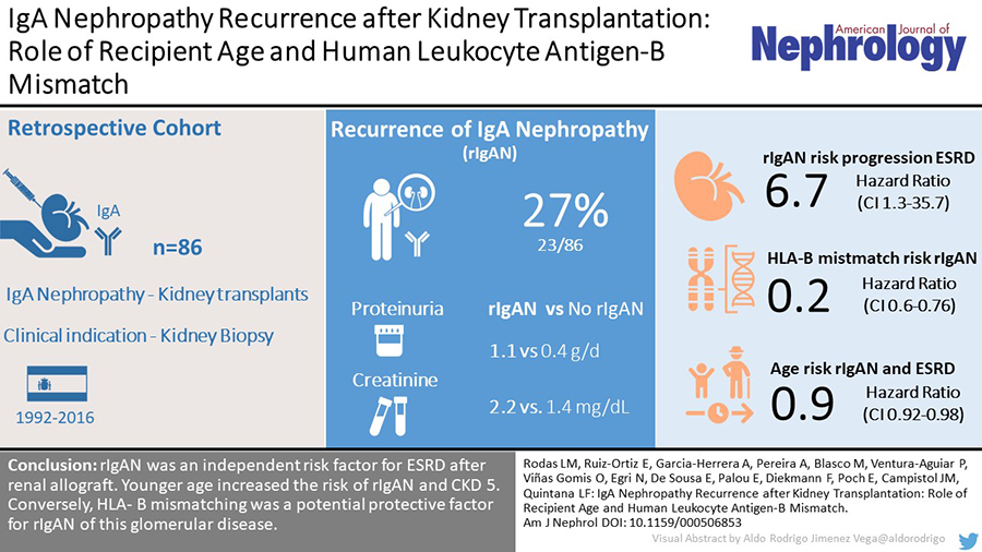 IgA Nephropathy Recurrence after Kidney Transplantation: Role of Recipient Age and Human Leukocyte Antigen-B Mismatch 
✍️ Lida M. Rodas 
📄 bit.ly/2VSdYH7 
#AmJNephrol #nephropathy #kidneytransplantation #glomerular
