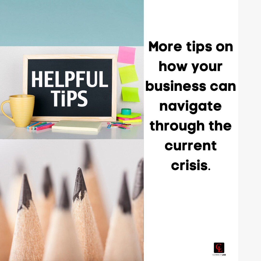 ConnectLabAfr's tweet photo. Here are more tips on how your business can navigate through the current crisis. Please continue to stay safe at home and don’t forget, this too shall pass.
#helpfultips #connectlab #workandconnect #businessdevelopement #startups #businessowners #entrpreneurship #businesses https://t.co/fm5L8YPsny