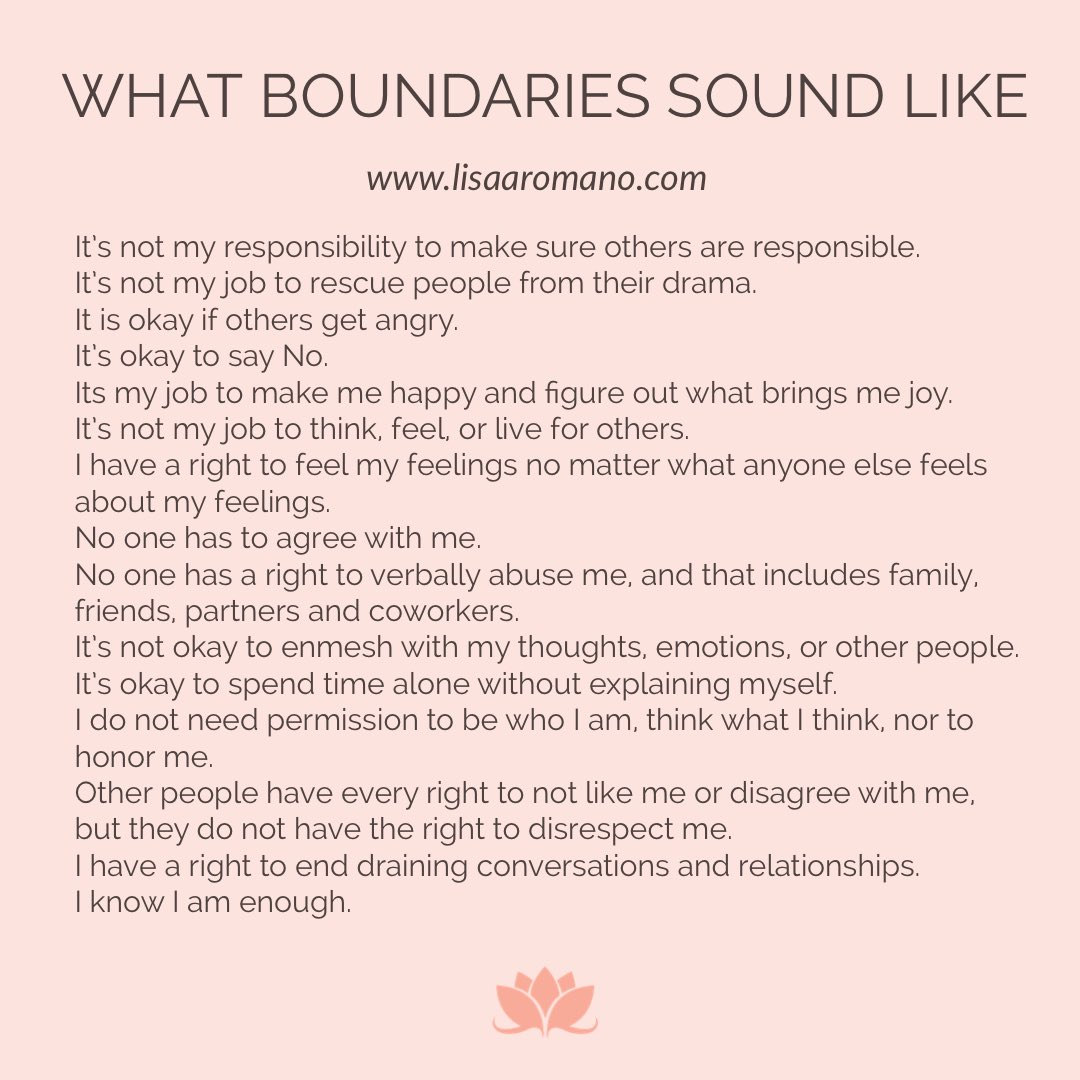 lisaaromano1's tweet photo. What Boundaries Sound Like. #boundaries #selflove #selfaccountability #codependencyrecovery #codepentinrecovery #aca #acoa #coda #codependentsanonymous https://t.co/bKLVkoP2KT https://t.co/mRYjIRSJi6