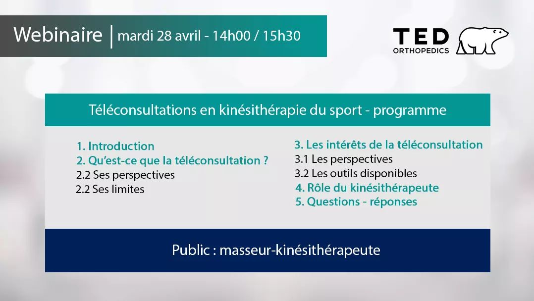 [ Webinaire kinés ] 🆕

J-4 avant le premier webinaire 💻

Sujet : la #teleconsultation en kiné du sport 👨🏻‍⚕️

Rendez-vous le mardi 28 avril à 14h00 🕑

Inscription gratuite mais obligatoire ⤵️
tedorthopedics.com/webinaire/

<a href="/humanphysio/">Mathias Willame</a>

#tedorthopedics #webinaire #teleconsultations