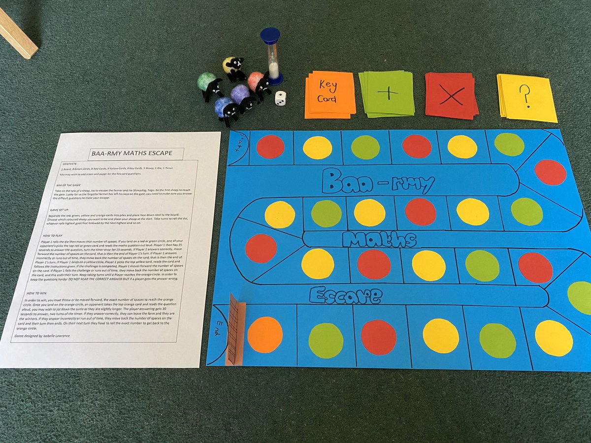 Charlottte7777's tweet photo. Isabelle has spent two days working on her maths board game. All her own ideas, she even designed the sheep counters! It’s lots of fun to play and really gets the brain going! Can you escape the farm?! @ClivetheCrane @ATaylor68564341 https://t.co/g2EUrIBlRn