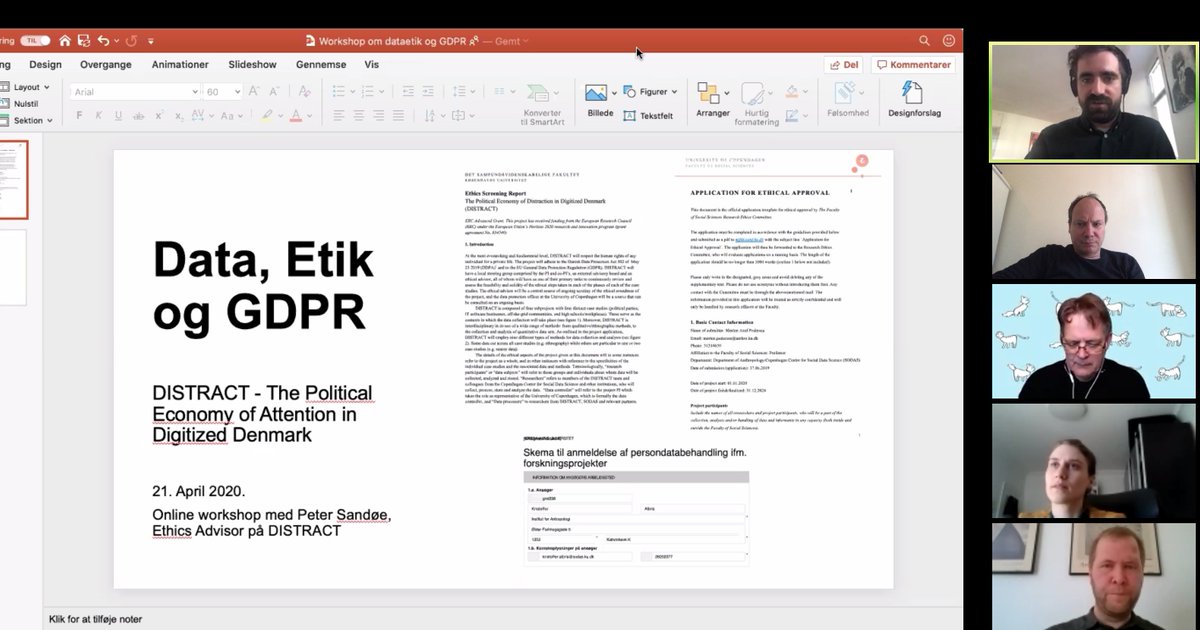 distractdenmark's tweet image. Ethics Adviser Prof. @PeterSandoee stopped by last Tuesday for a workshop on research integrity, ethics reviews, and GDPR. After a great presentation, the DISTRACT team discussed how these issues are related to our particular research activities.

#SocialDataScience #DISTRACT