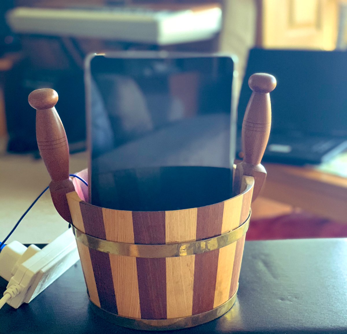 christineahp's tweet photo. Anyone else having to prop their iPad up in a bridal cog, supported by a water bottle and balanced on top of a piano stool for their #teams meeting today? Anyone? No, just me then.. #ITwhizz #creativesolutions #alwaysanOT https://t.co/g3onbNZfsN